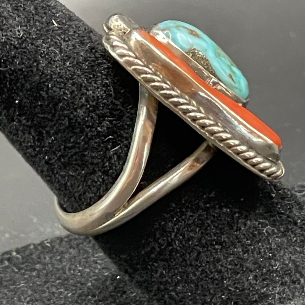 Vintage Signed Native American Silver Turquoise Coral Ring 5 1/2 - Picture 12 of 15
